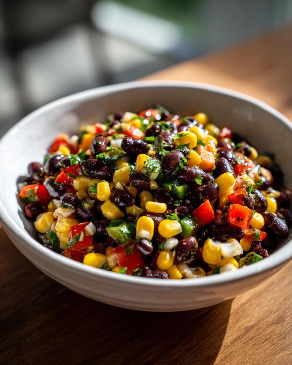 Close-up of fresh cowboy caviar featuring black beans, corn, diced red peppers, and herbs in a light bowl.
