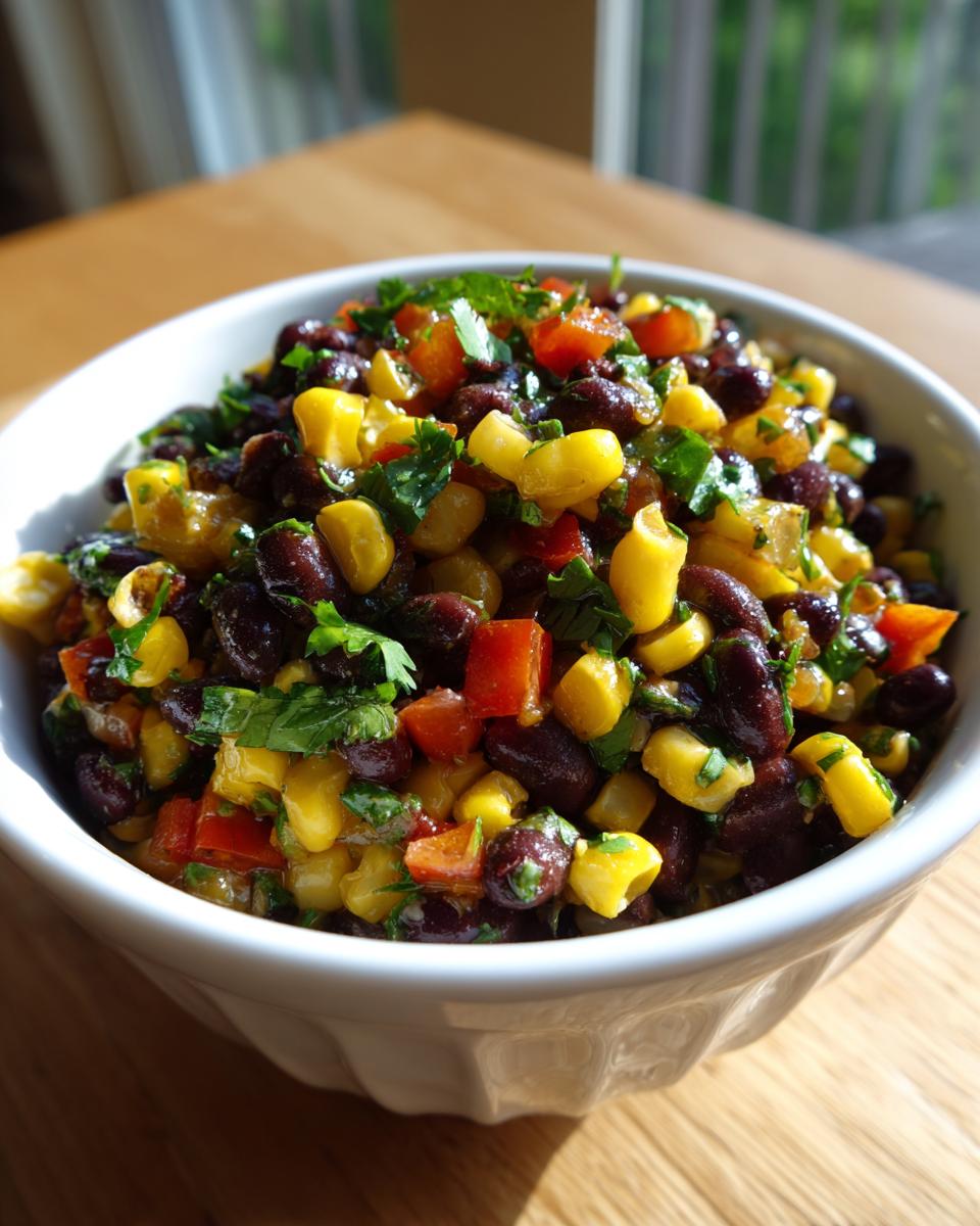 Close-up of vibrant cowboy caviar featuring black beans, corn, red peppers, and cilantro in a white bowl.