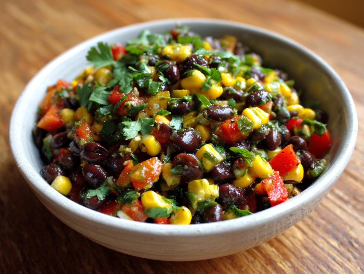 Close-up of vibrant cowboy caviar featuring black beans, corn, red peppers, and cilantro in a light bowl.