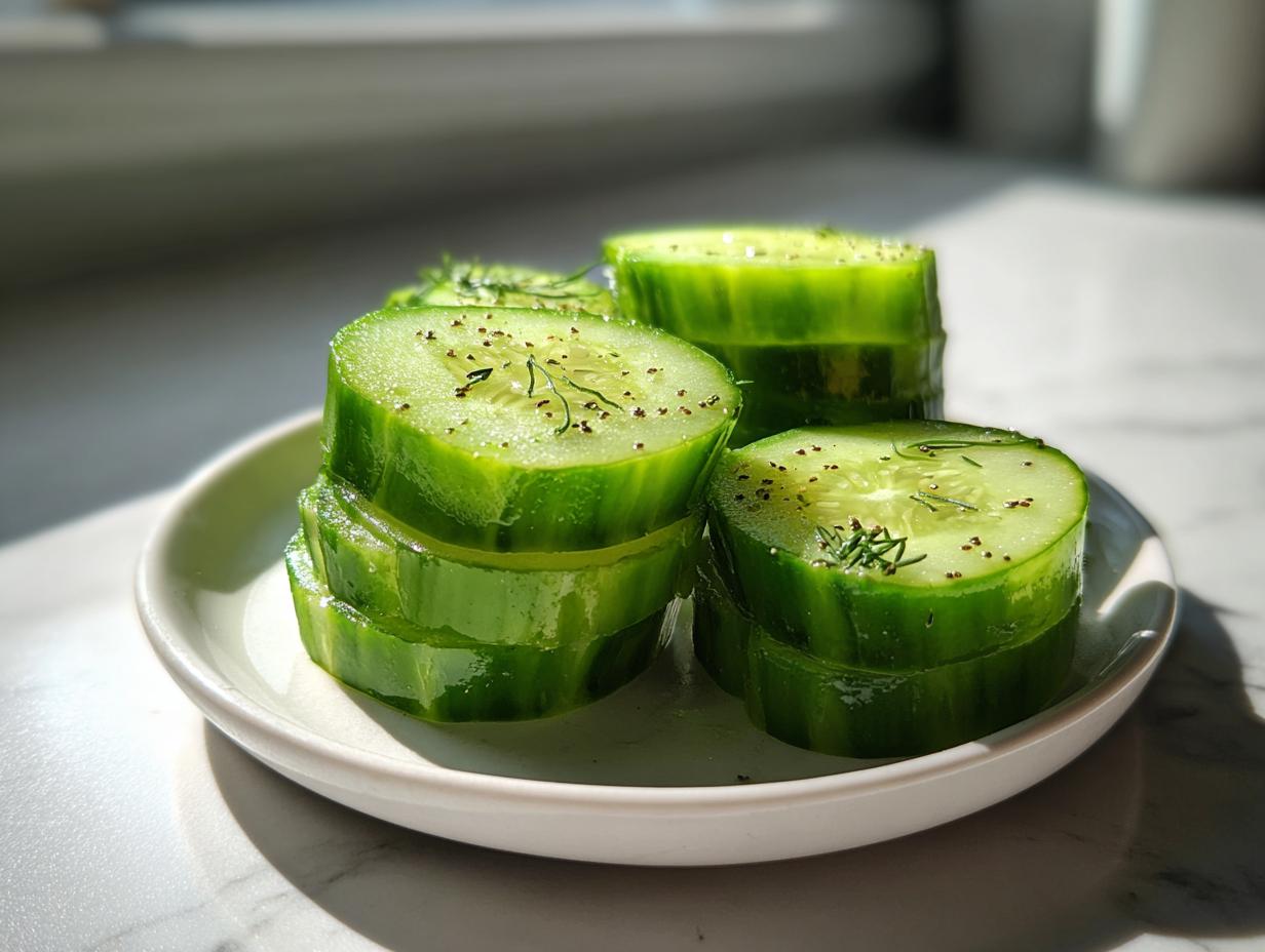 Close-up of thick-cut cucumber slices seasoned with dill and pepper, ready for refrigerator pickles.