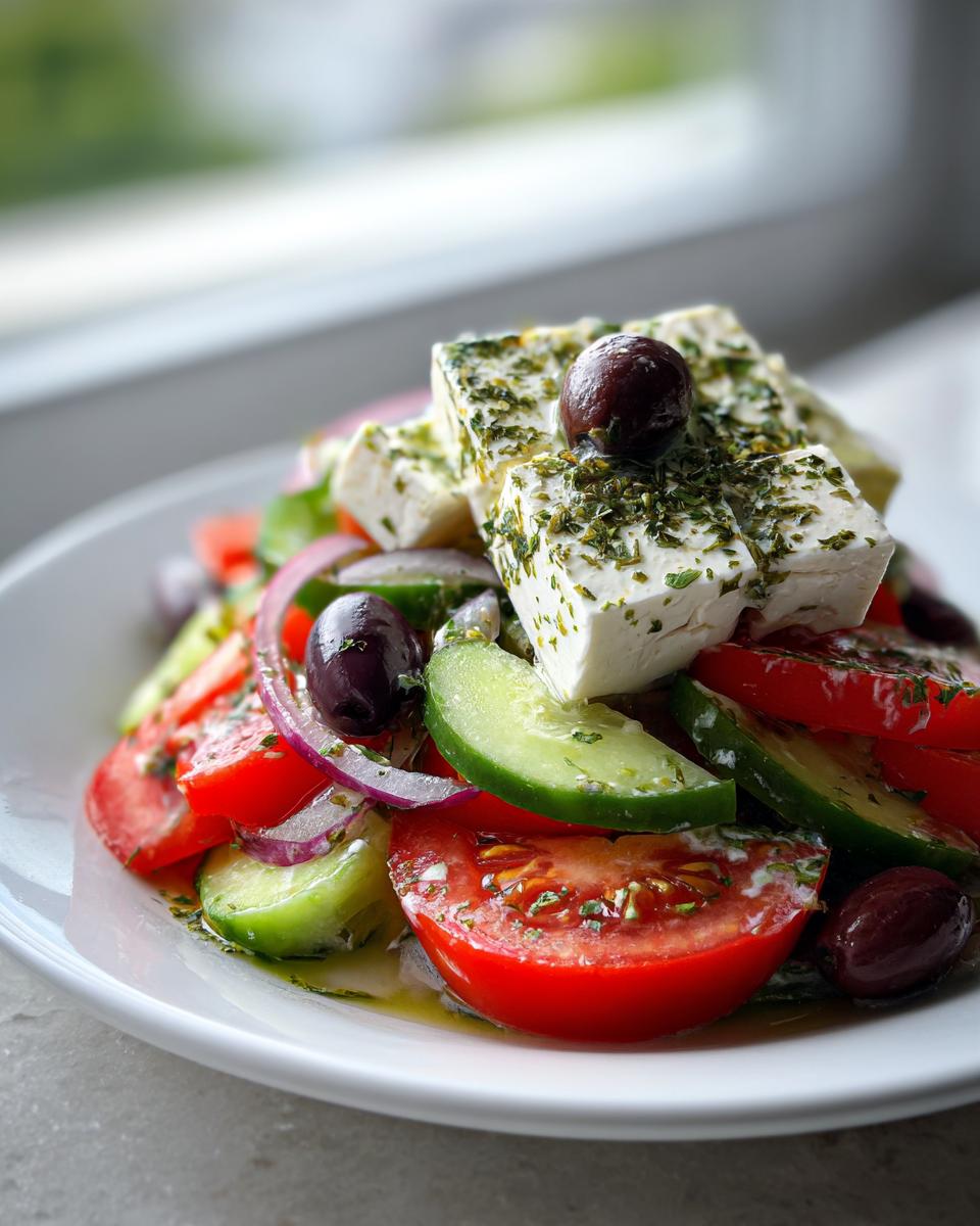 A vibrant, close-up shot of a fresh greek salad featuring thick slices of tomato, cucumber, red onion, Kalamata olives, and large blocks of feta cheese sprinkled with herbs.