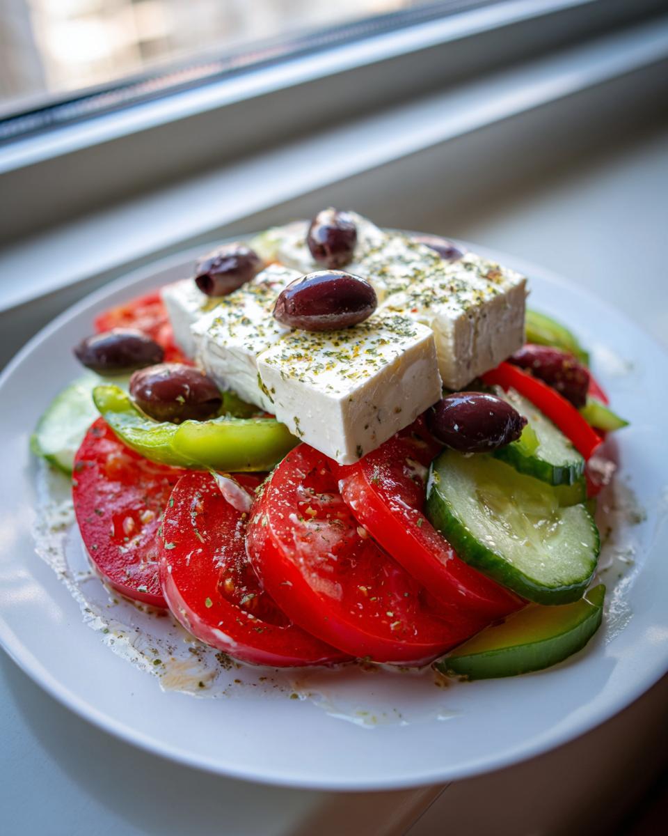 Close-up of a vibrant greek salad featuring thick slices of tomato, cucumber, green pepper, and a large block of feta cheese topped with olives.