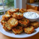 A plate piled high with crispy, golden brown Fried Pickles garnished with dill, served next to a small bowl of ranch dipping sauce.
