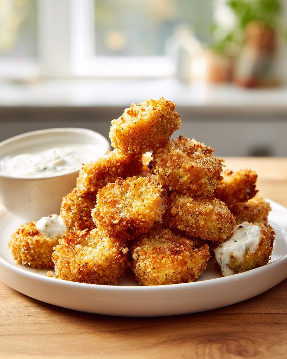 A tall stack of golden brown, crispy Fried Pickles served on a white plate next to a small bowl of creamy dipping sauce.