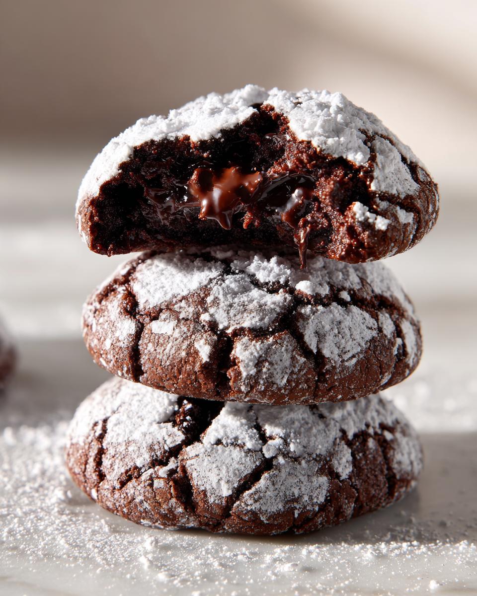 A stack of three fudgy chocolate crinkle cookies dusted heavily with powdered sugar, the top one broken open to show a molten chocolate center.