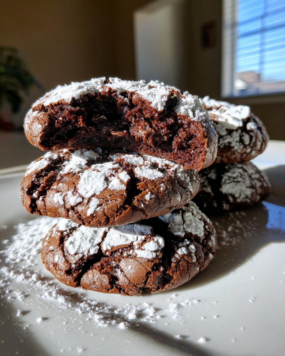 A stack of fudgy chocolate crinkle cookies dusted heavily with powdered sugar, with the top cookie broken to show the soft interior.