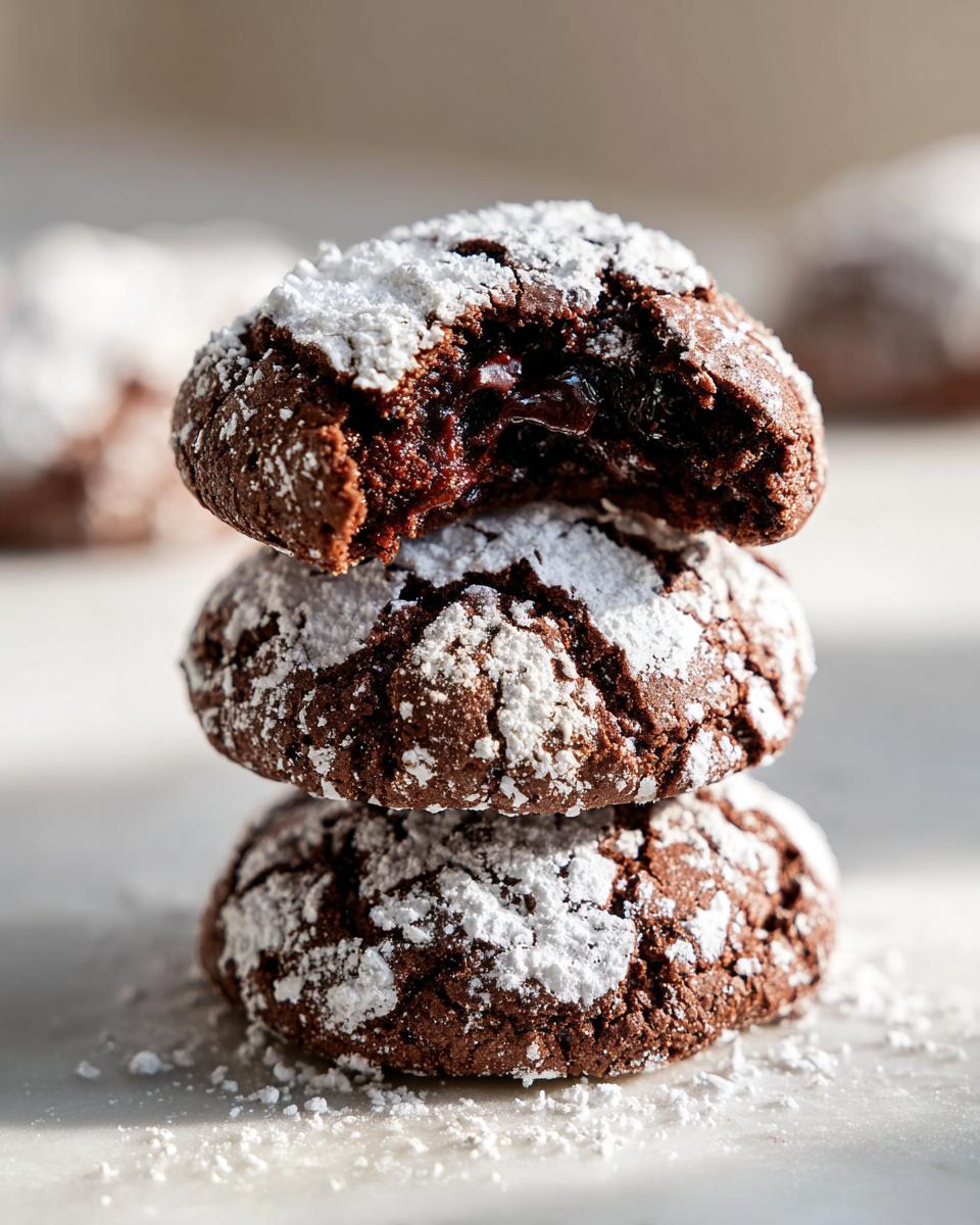 Three fudgy crinkle cookies stacked, with the top one broken open revealing a gooey center.