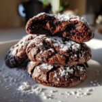 Stack of three fudgy crinkle cookies dusted with powdered sugar, showing a gooey melted chocolate center in the top cookie.