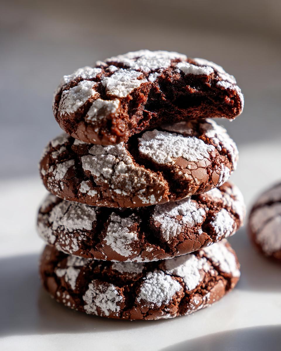 A stack of three fudgy chocolate crinkle cookies dusted heavily with powdered sugar, with the top cookie having a bite taken out.