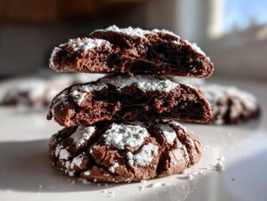 Close-up of three fudgy crinkle cookies stacked, with the top two cut in half showing the rich, dark interior.