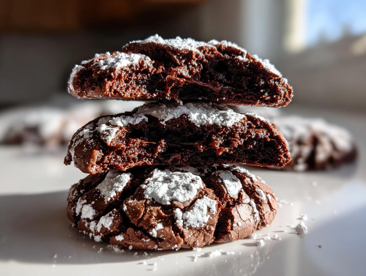 Close-up of three fudgy crinkle cookies stacked, with the top two cut in half showing the rich, dark interior.