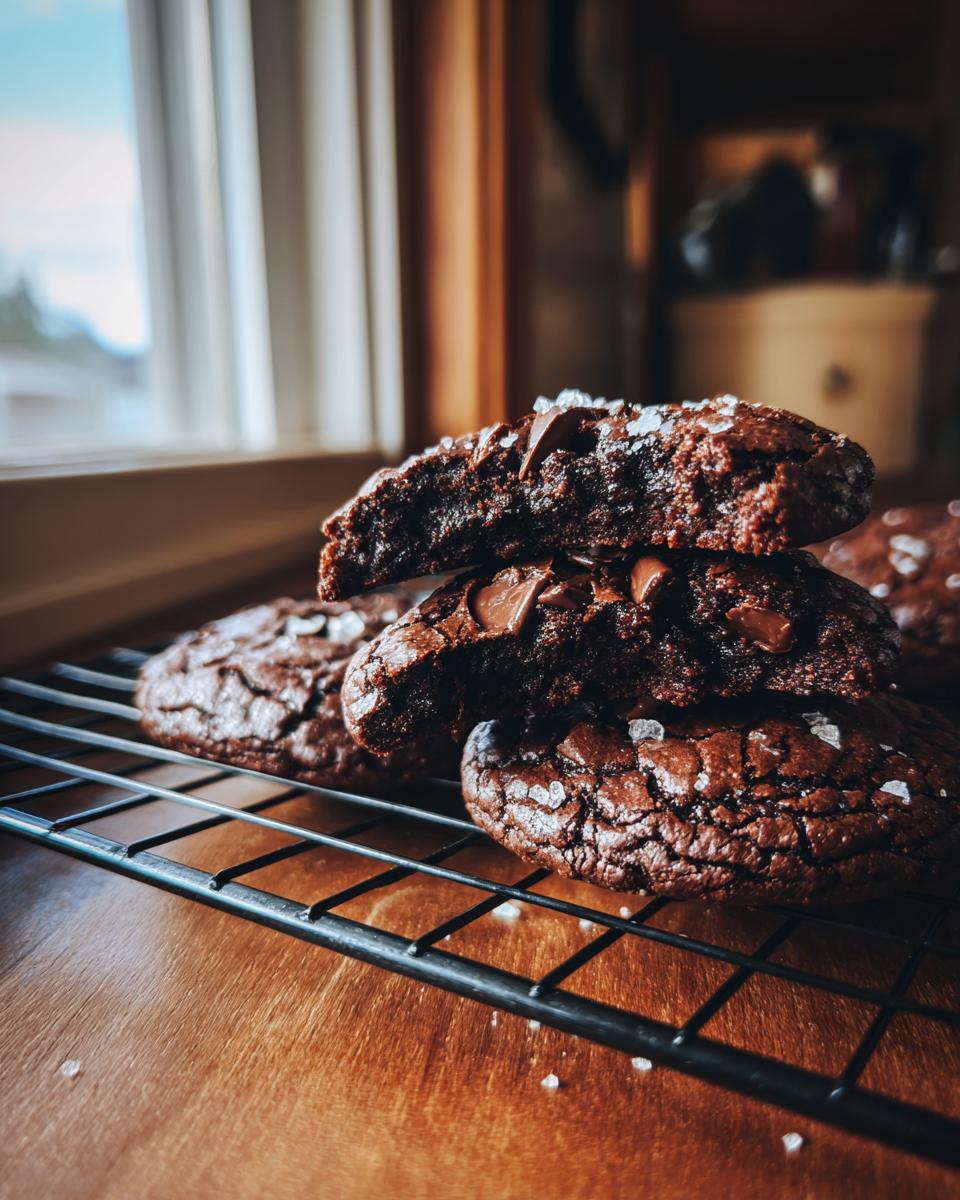 Close-up of fudgy double chocolate peppermint cookies stacked on a cooling rack, sprinkled with sea salt.