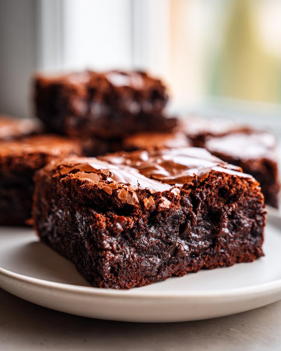 Close-up of a fudgy oreo brownie square showing a rich, dark interior and a shiny, crackled top.