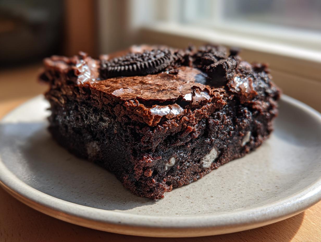A close-up of a fudgy oreo brownies slice showing a shiny, crackled top and Oreo pieces baked inside.