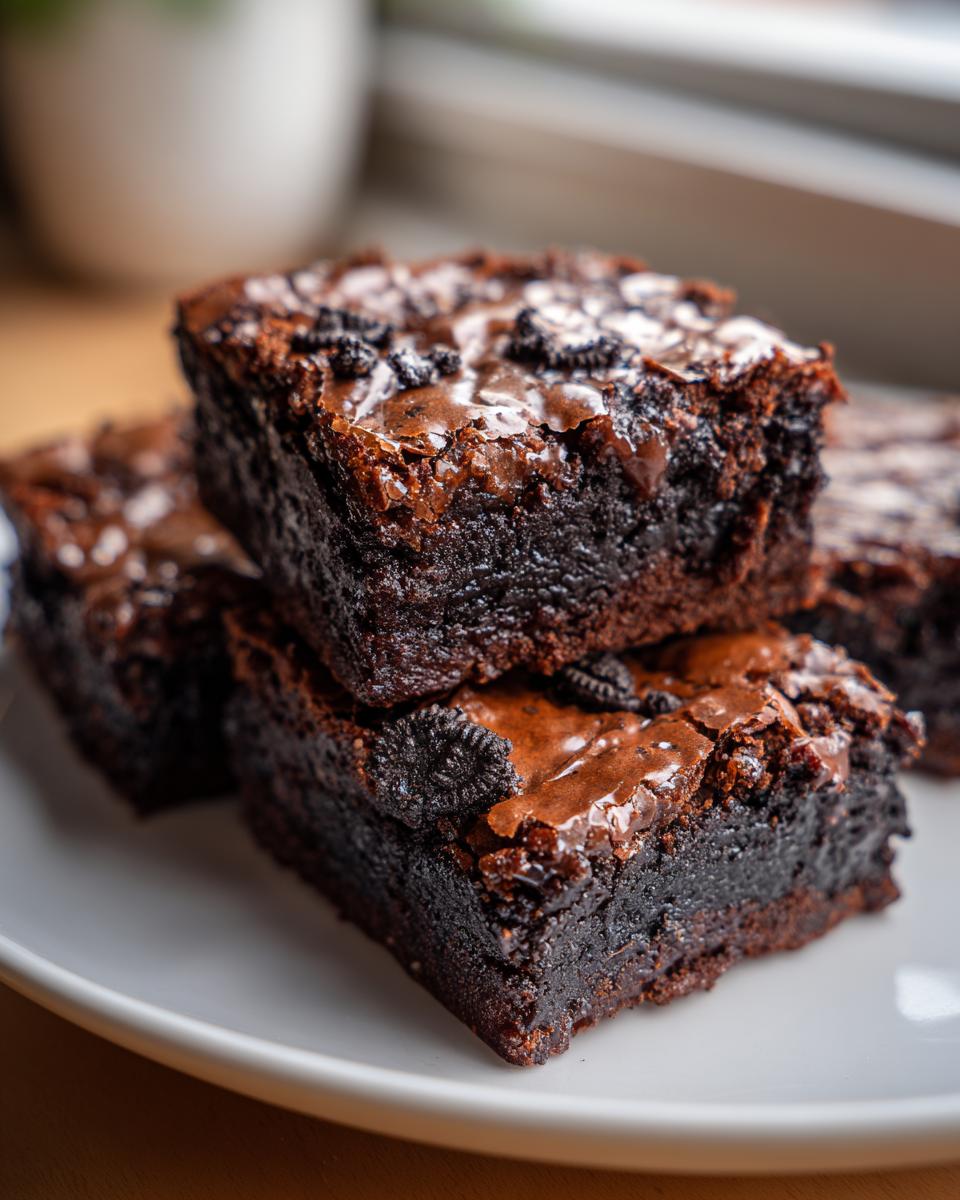 Close-up of fudgy oreo brownies stacked, showing a glossy top and crushed Oreo pieces.