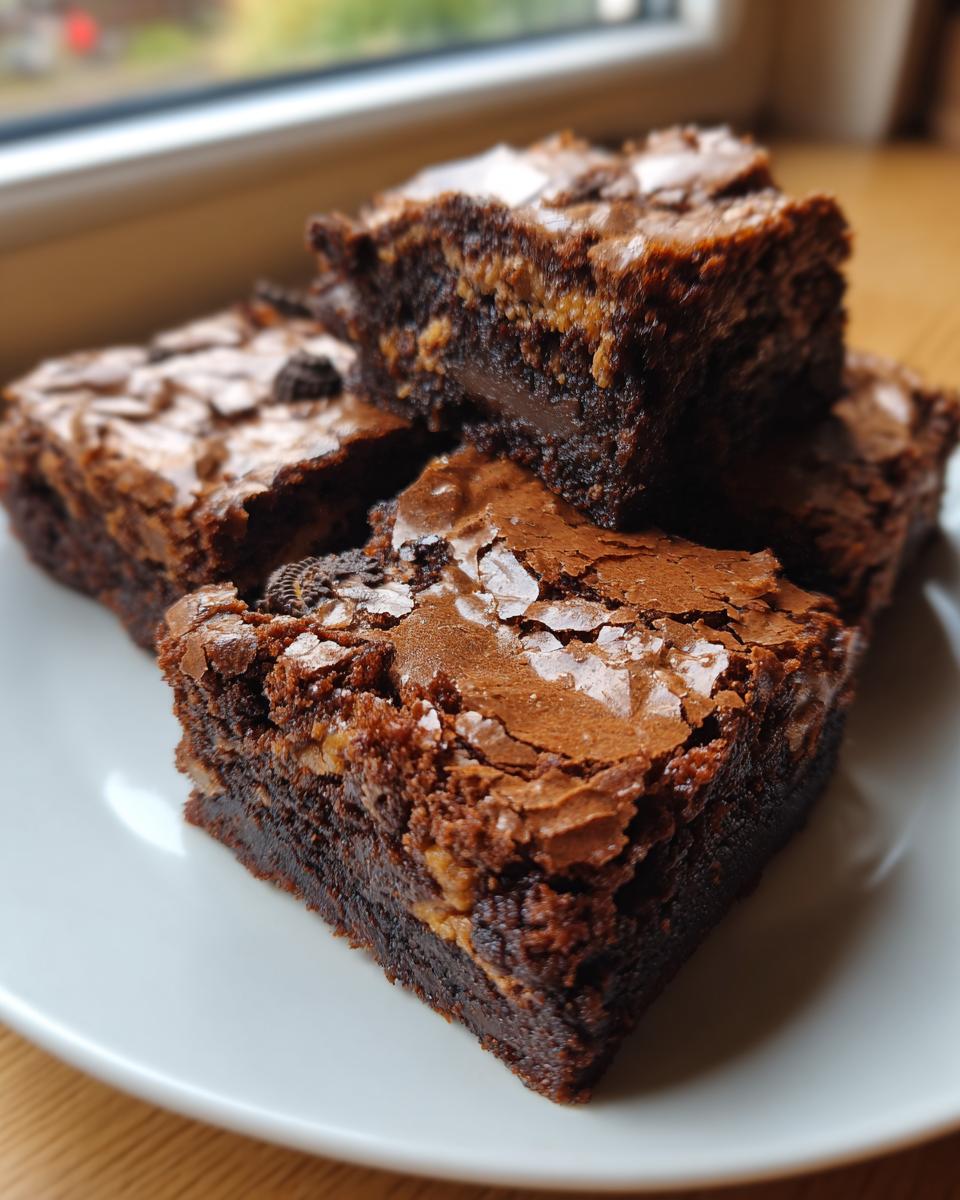 A stack of four fudgy oreo brownies on a white plate, showing a cracked, shiny top and visible Oreo pieces.