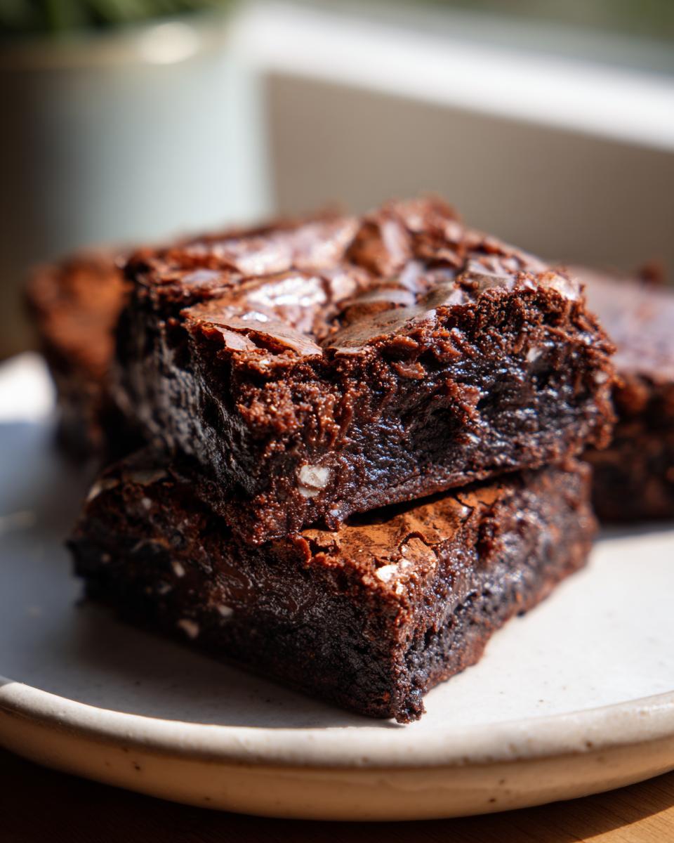 Close-up of two stacked, fudgy oreo brownies showing their cracked, shiny tops and dense interior.