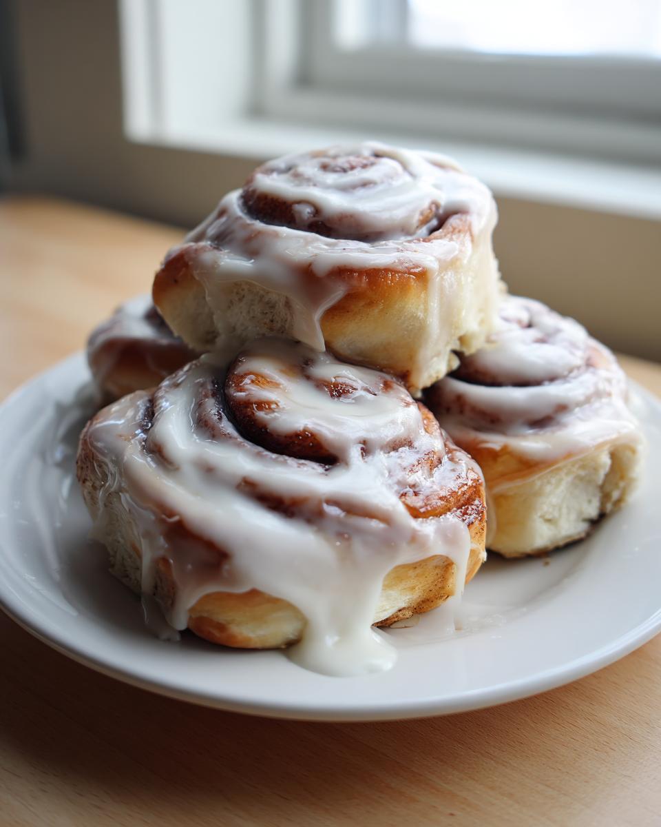 A stack of four freshly baked cinnamon roll treats covered in thick white icing, sitting on a white plate.