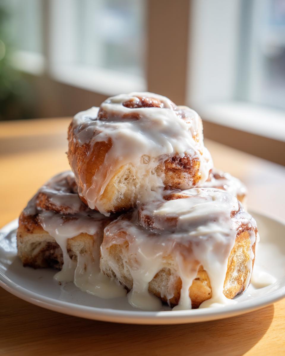 A stack of three fluffy, warm cinnamon roll pastries generously covered in white cream cheese frosting.