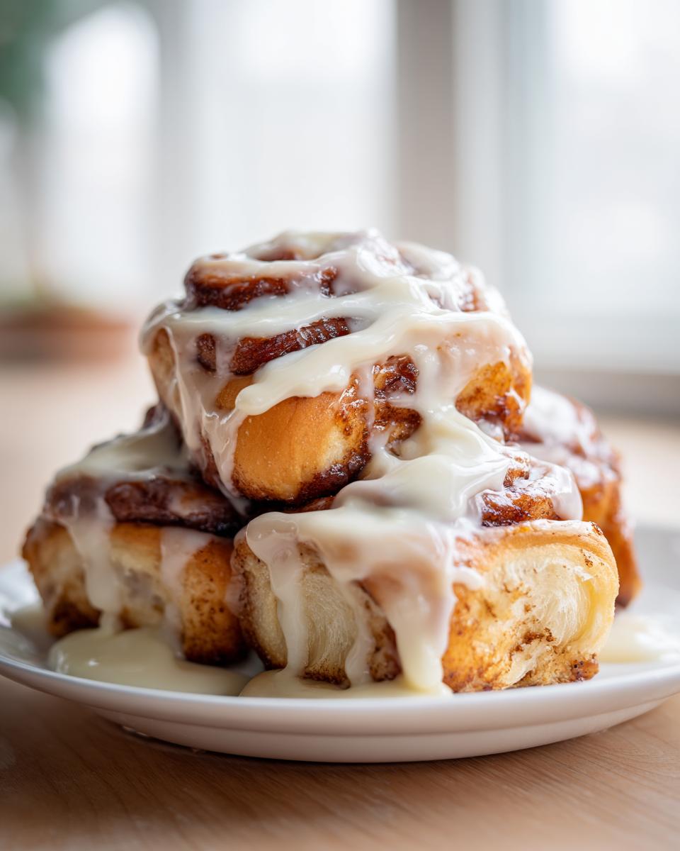 A stack of freshly baked cinnamon roll generously covered in thick white cream cheese frosting.