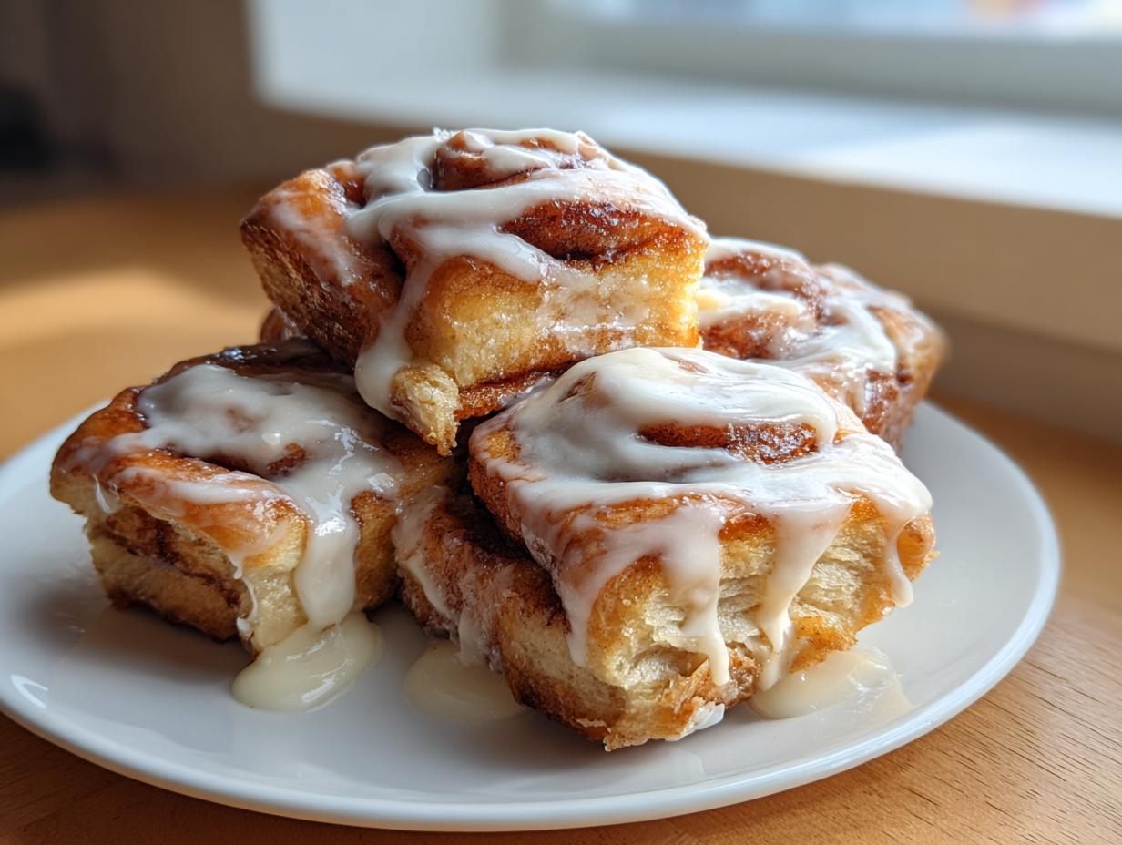 A stack of four freshly baked cinnamon roll pastries generously topped with dripping white icing.