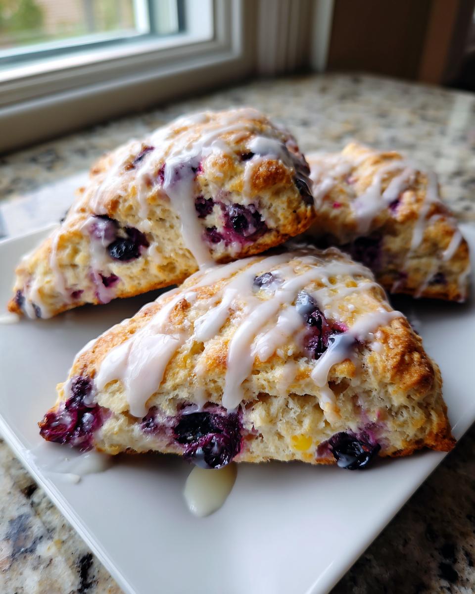 Close-up of three freshly baked lemon blueberry scones drizzled with white glaze on a white plate.