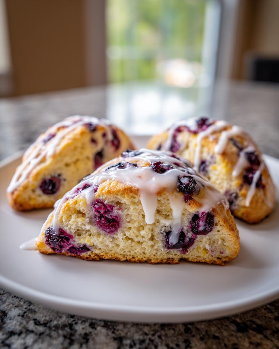 Three freshly baked lemon blueberry scones drizzled with white glaze, sitting on a white plate.