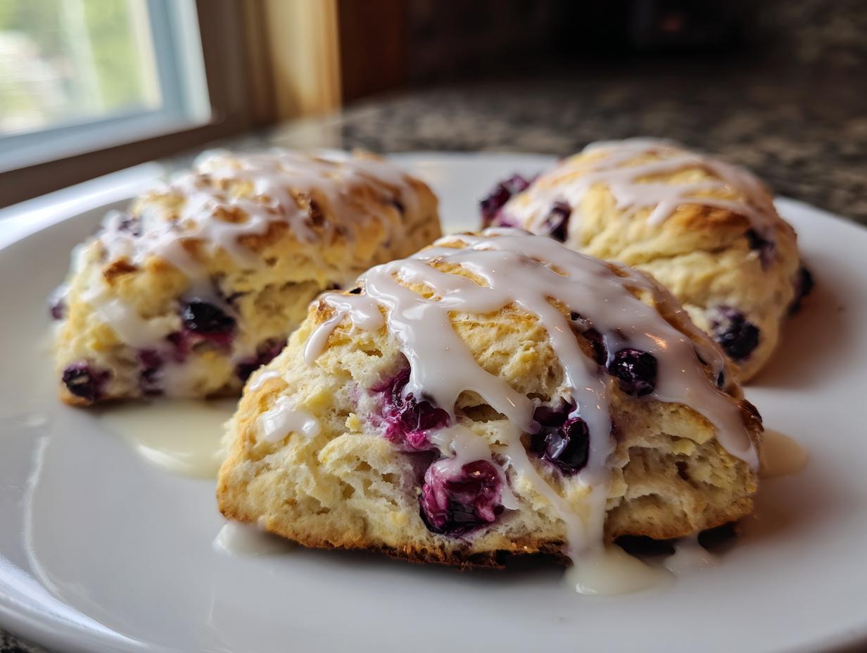 Three triangular lemon blueberry scones drizzled with thick white glaze, sitting on a white plate near a window.