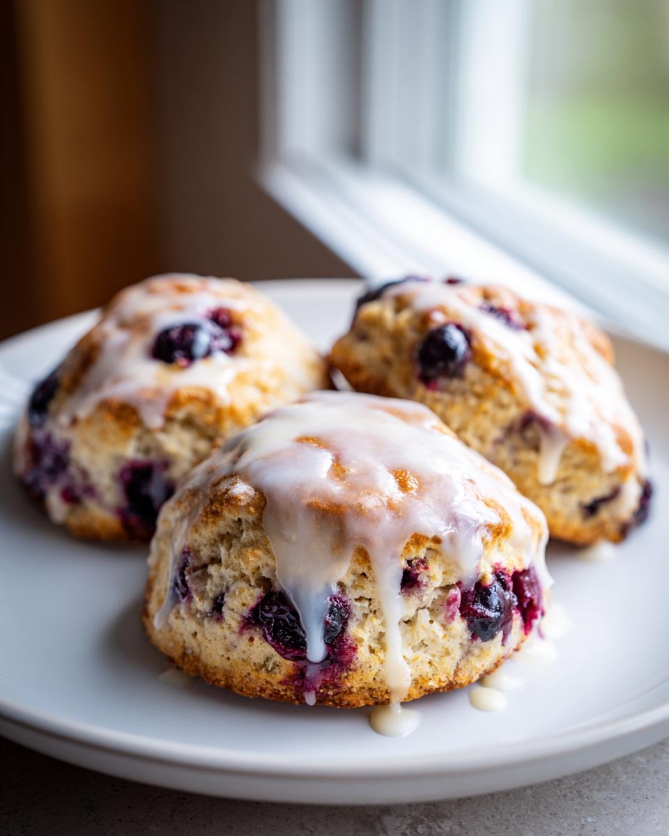 Three freshly baked lemon blueberry scones topped with thick white glaze, sitting on a white plate near a window.