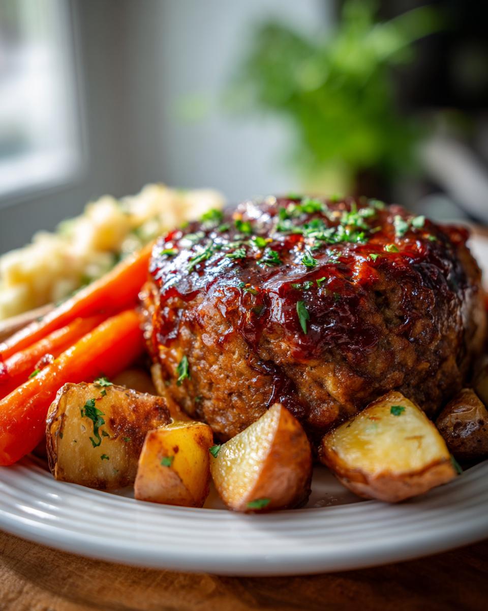 Close-up of a perfectly glazed mini meatloaf served with roasted potatoes and carrots on a white plate.