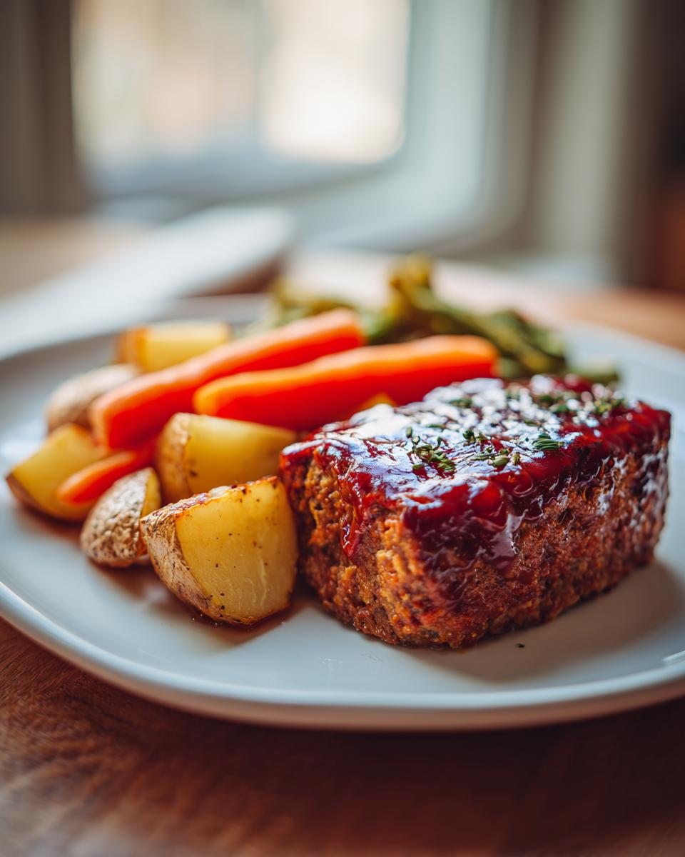 A single serving of glazed mini meatloaf on a white plate next to roasted potatoes and carrots.