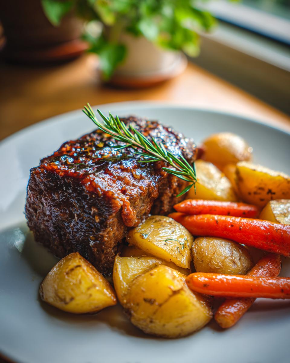A single serving of glazed mini meatloaf topped with rosemary, served with roasted potatoes and carrots.