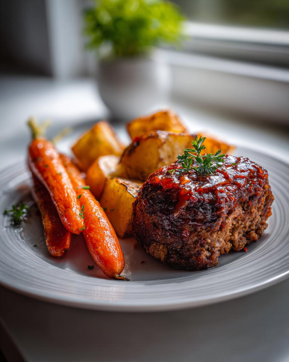 A close-up of a single glazed mini meatloaf served on a plate with roasted carrots and potato wedges.
