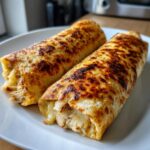 Two golden-brown, baked chicken chimichangas with melted cheese showing, served on a white plate.