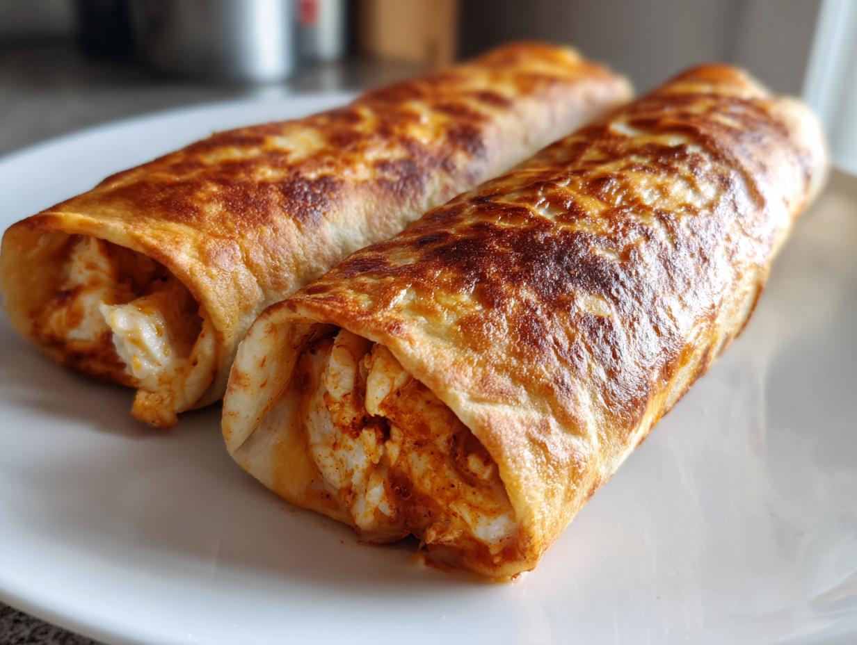 Two golden brown, baked chicken chimichangas resting on a white plate, showing the seasoned chicken filling.