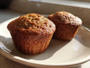 Two freshly baked, golden brown bran muffins sitting on a light-colored plate, highlighted by natural sunlight.