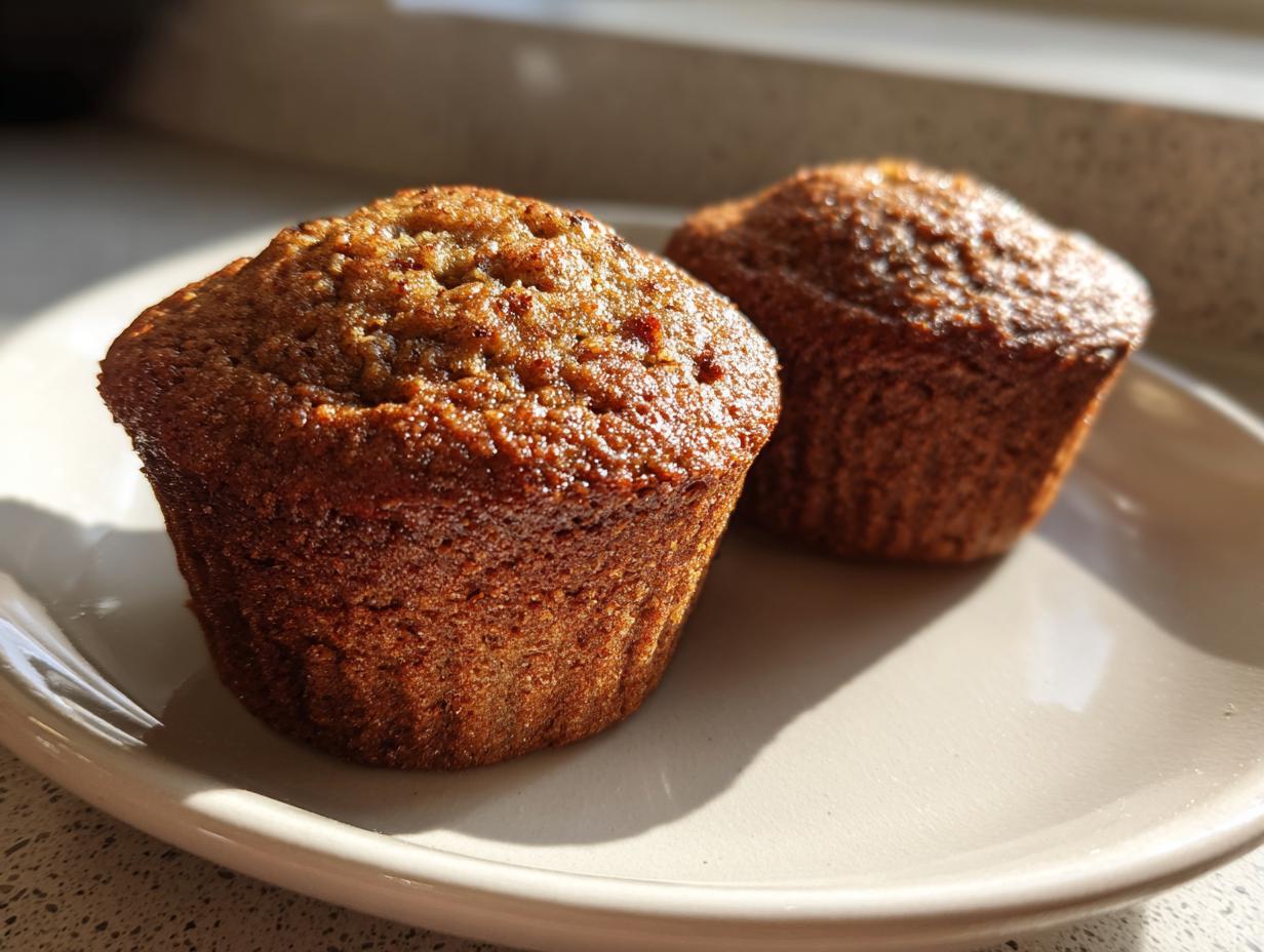 Two freshly baked, golden brown bran muffins sitting on a light-colored plate, highlighted by natural sunlight.