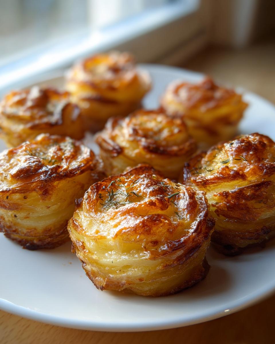 Close-up of several golden brown, crispy potato stacks baked in muffin tins, garnished with herbs.