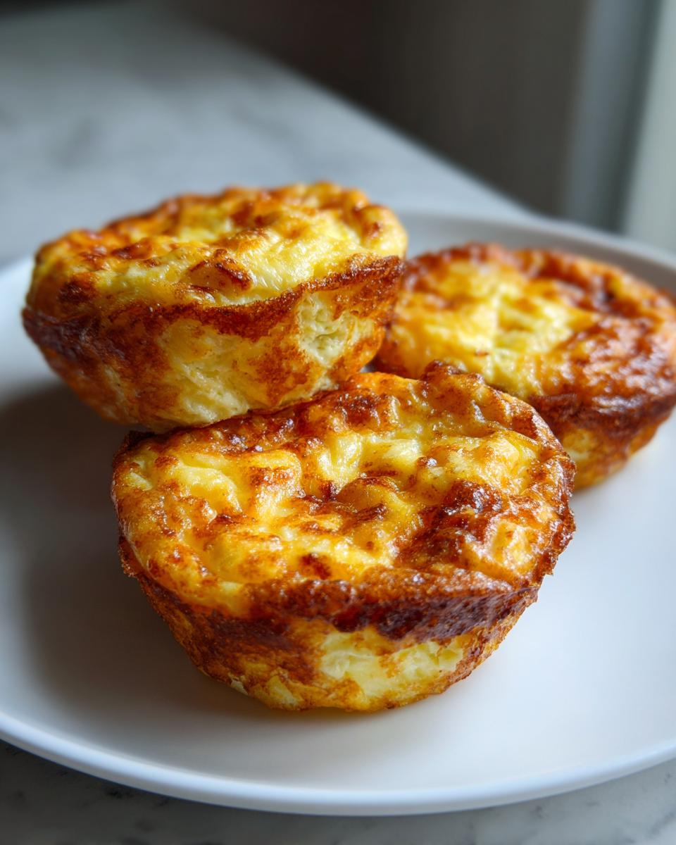 Three golden brown cottage cheese egg cups, similar to Starbucks style, stacked slightly on a white plate.