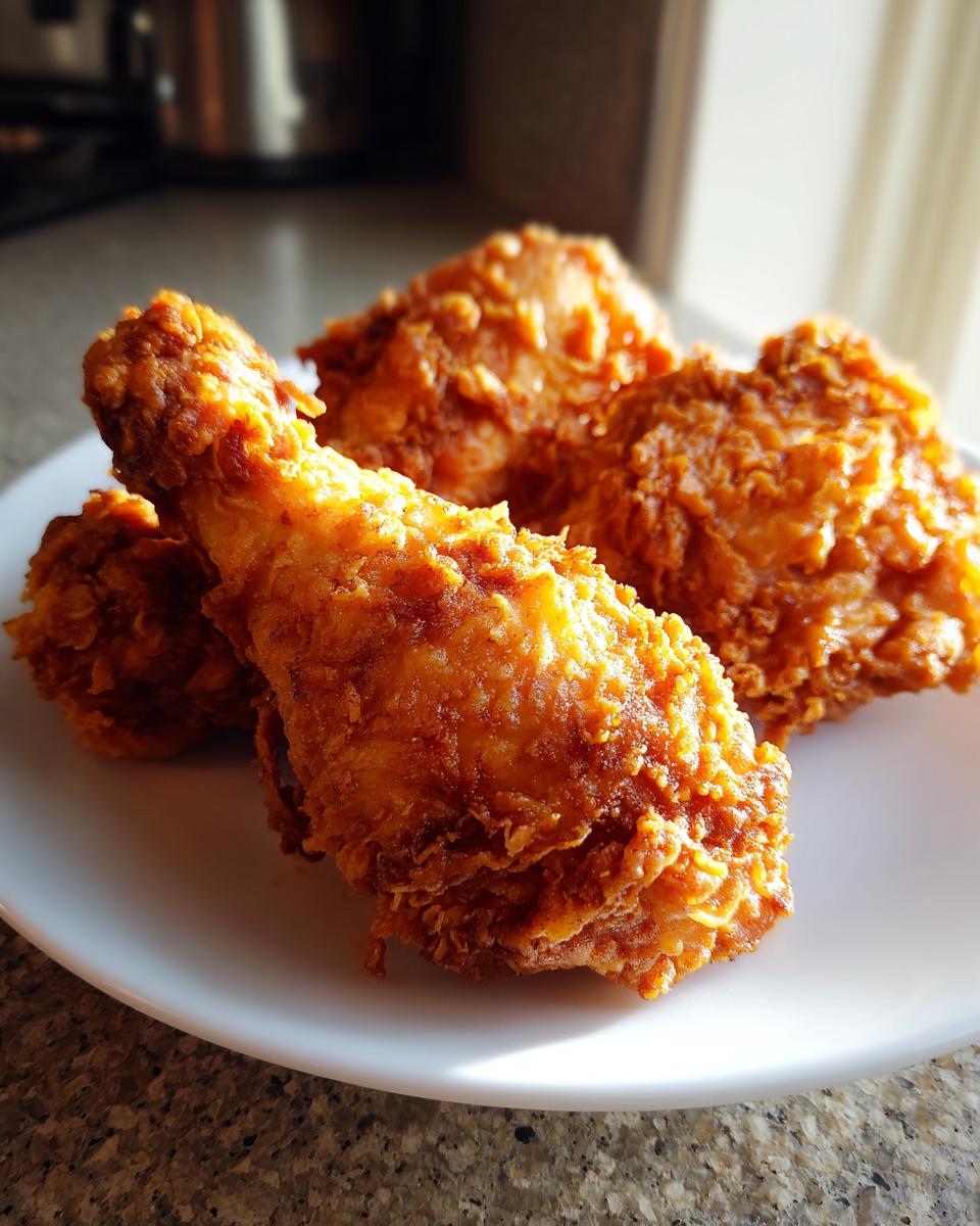 Four pieces of perfectly cooked, crispy fried chicken piled on a white plate.