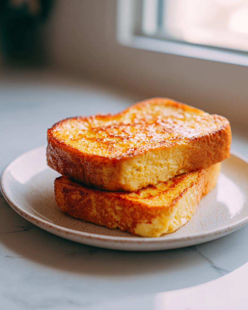 Two golden slices of perfectly cooked easy french toast stacked on a speckled white plate.