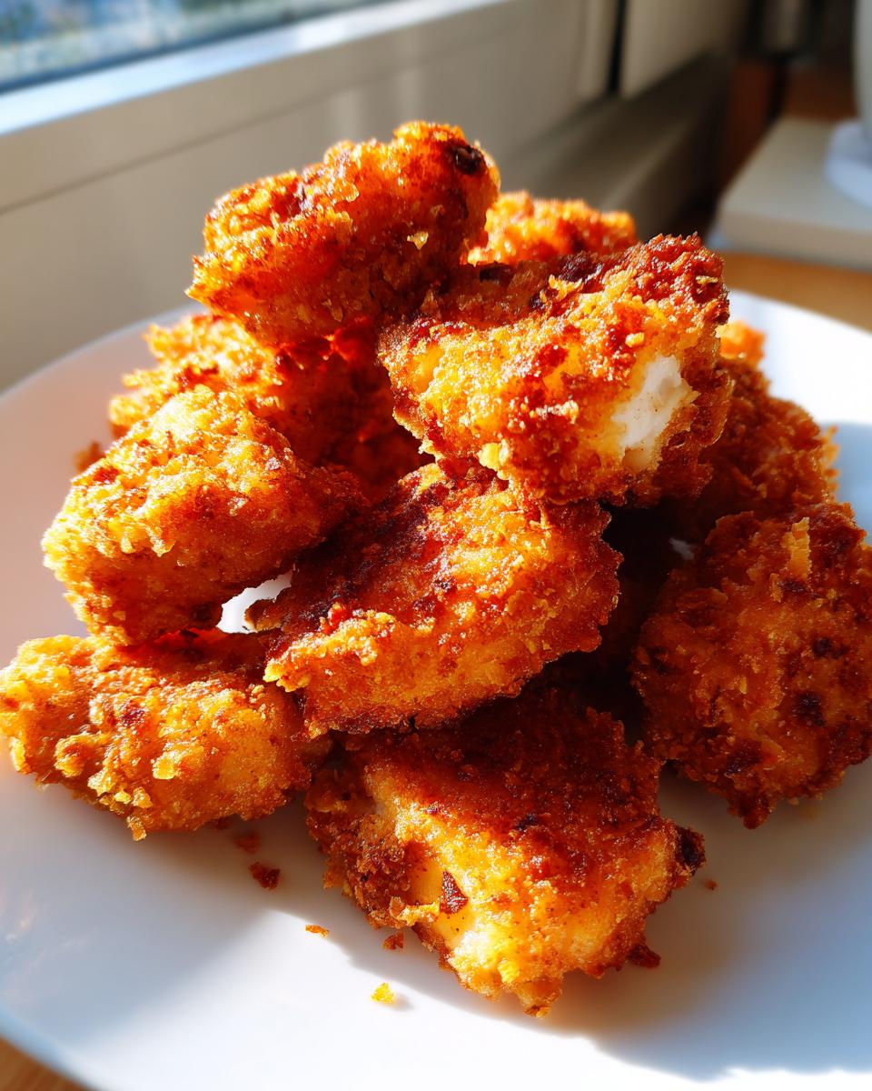 A close-up pile of golden brown, crispy homemade chicken nuggets sitting on a white plate, illuminated by sunlight.