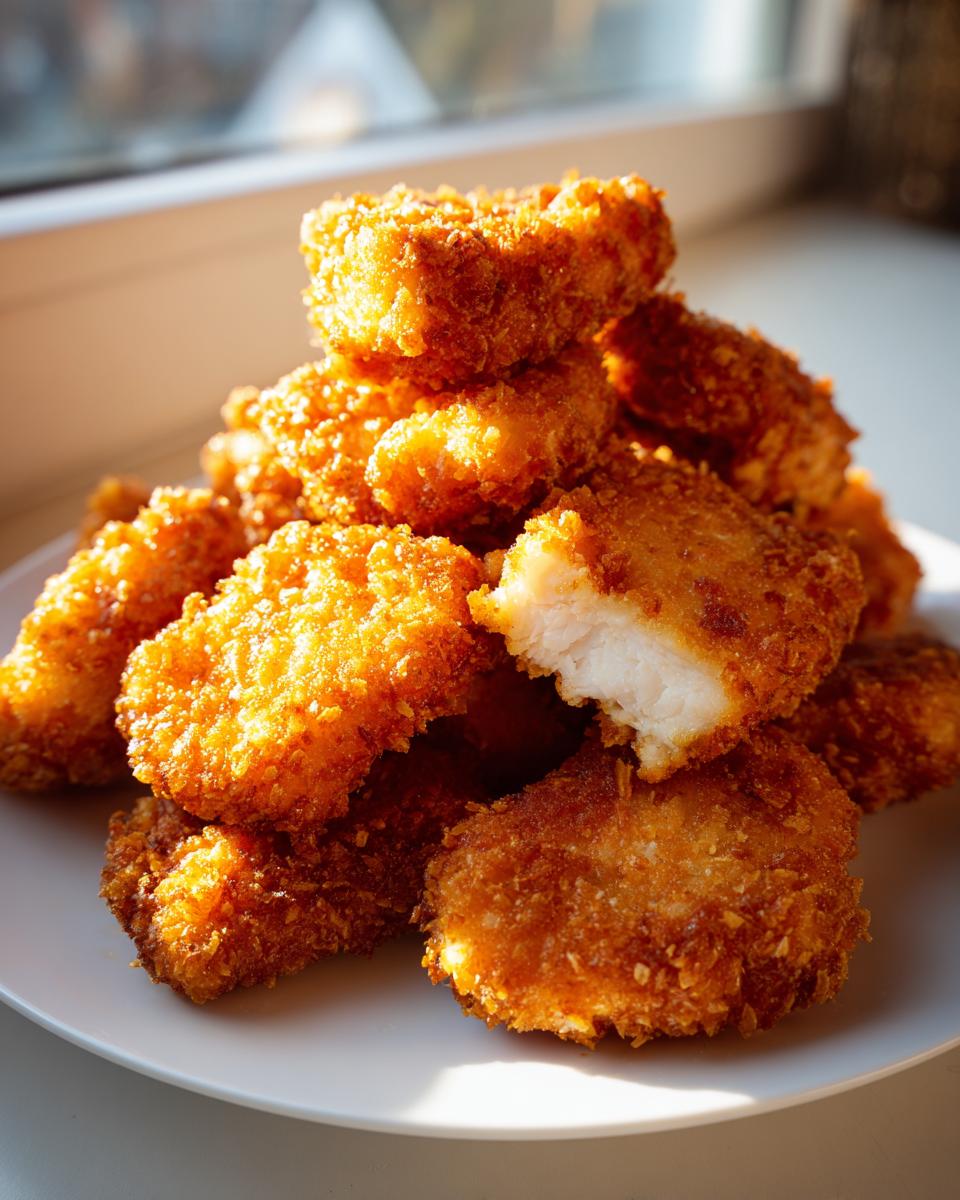 A pile of crispy, golden homemade chicken nuggets stacked on a white plate, with one nugget broken open showing the white meat inside.
