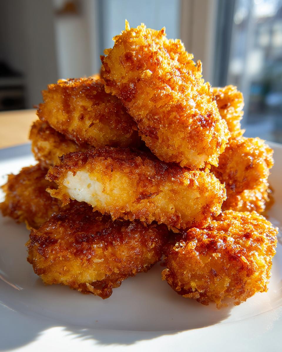 A stack of golden brown, crispy homemade chicken nuggets piled high on a white plate, one nugget showing the white interior.
