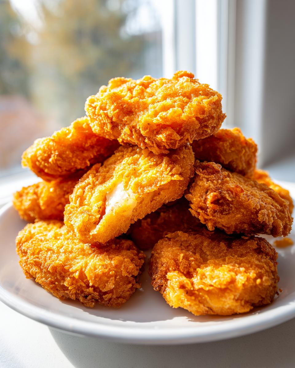 A stack of crispy, golden brown homemade chicken nuggets piled high on a white plate, with one nugget broken open showing the white meat.
