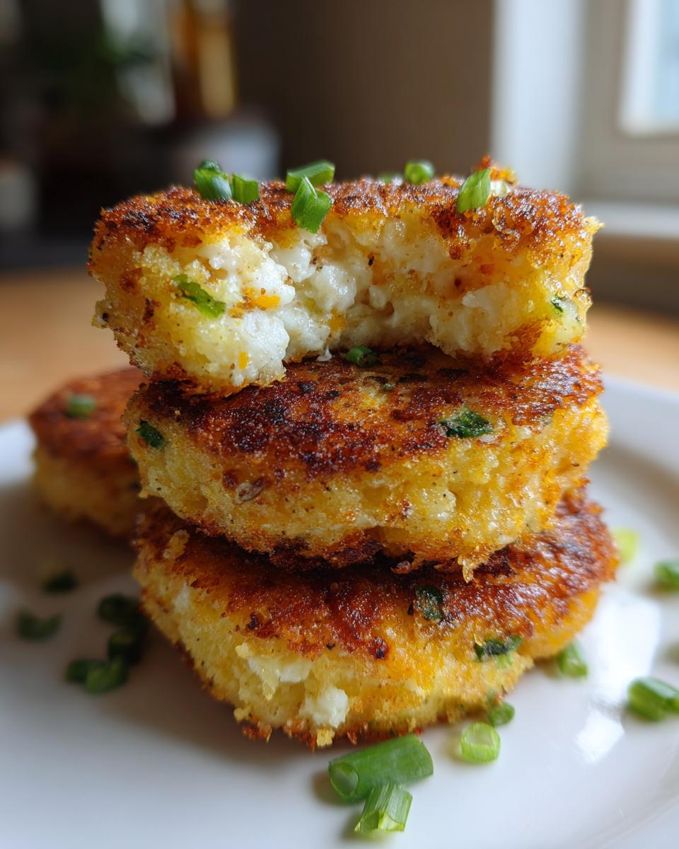 A stack of three golden brown, crispy mashed potato cakes, with the top one broken open to show the fluffy interior.