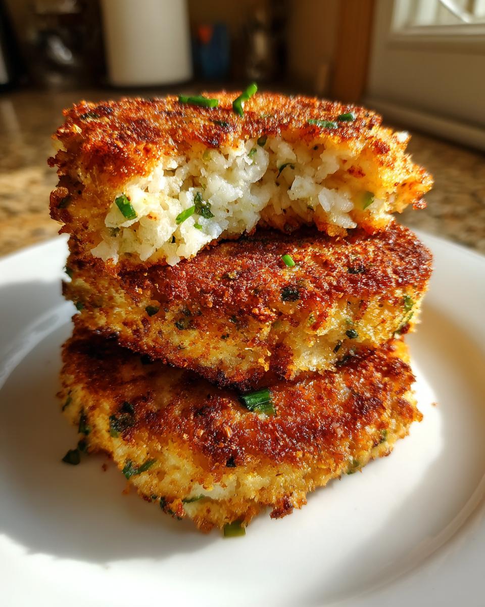 Three crispy, golden brown mashed potato cakes stacked on a white plate, with the top one broken open to show the fluffy interior.