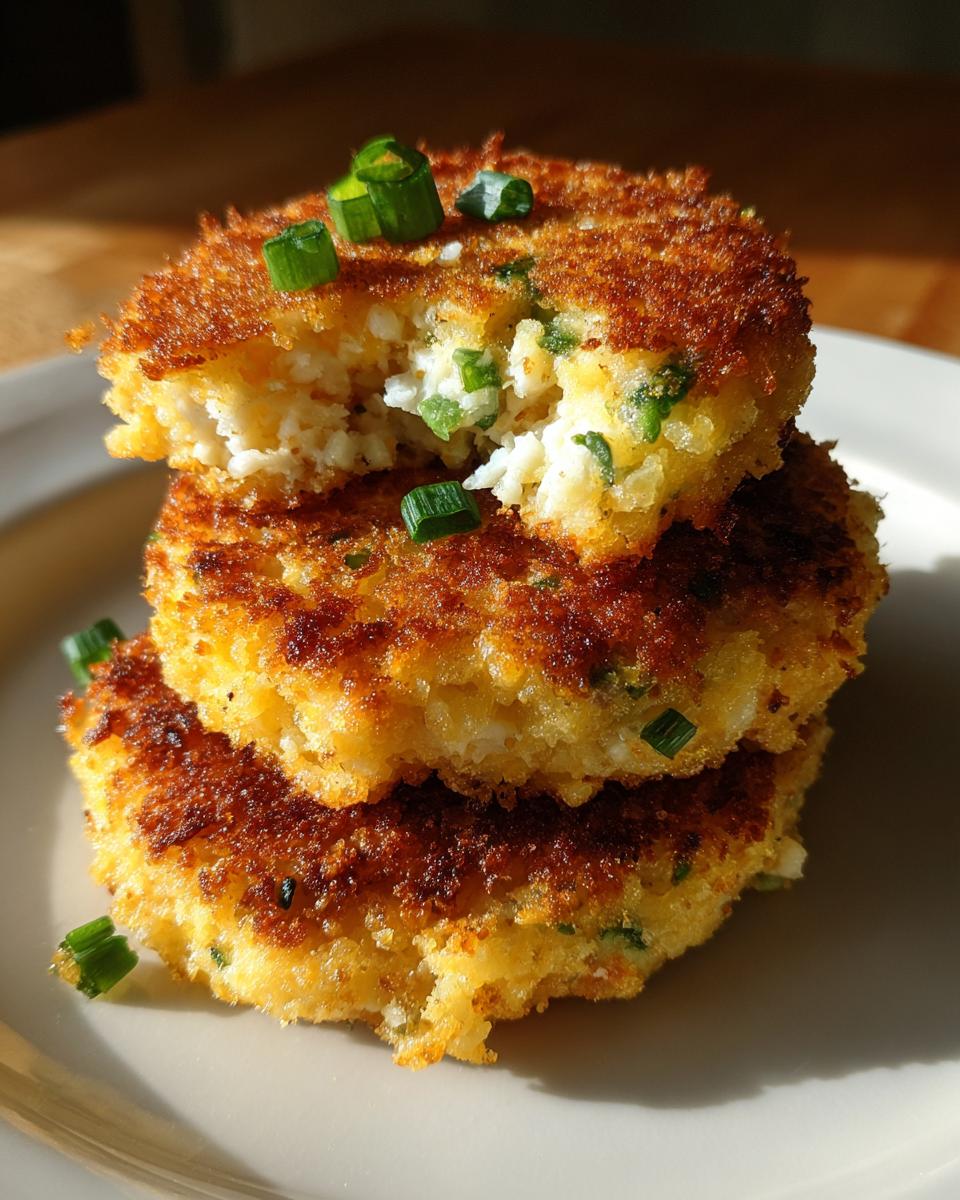 Three golden brown mashed potato cakes stacked, with the top one broken open to show the fluffy interior and green onions.