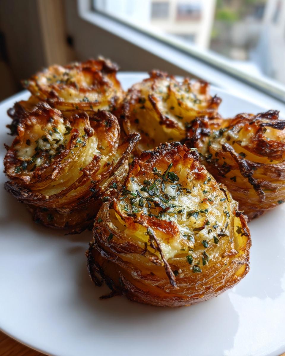 Five crispy, golden brown potato stacks baked in muffin tins, topped with melted cheese and herbs.