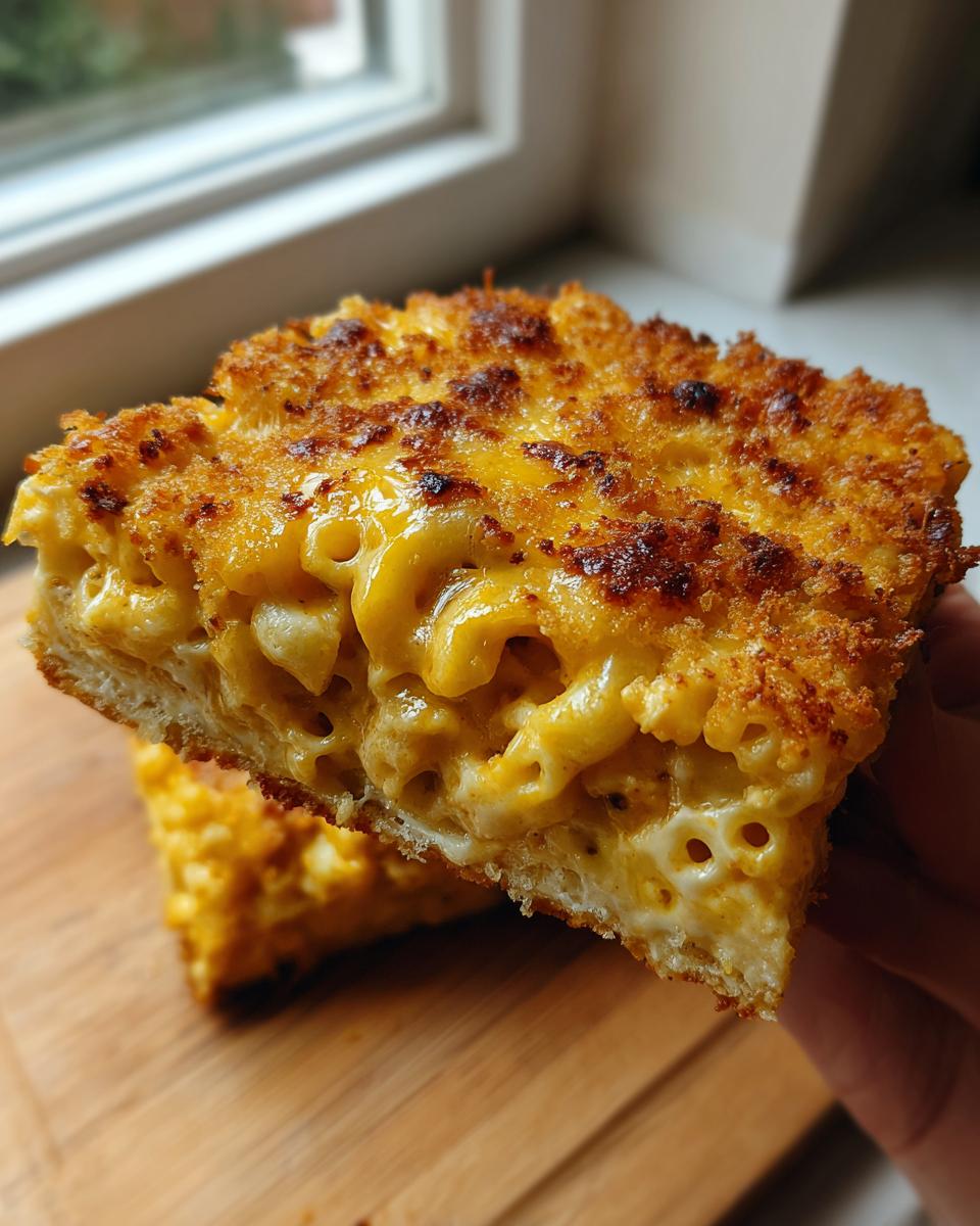A thick, gooey slice of baked mac and cheese recipe being held up, showing a golden, crispy breadcrumb topping.
